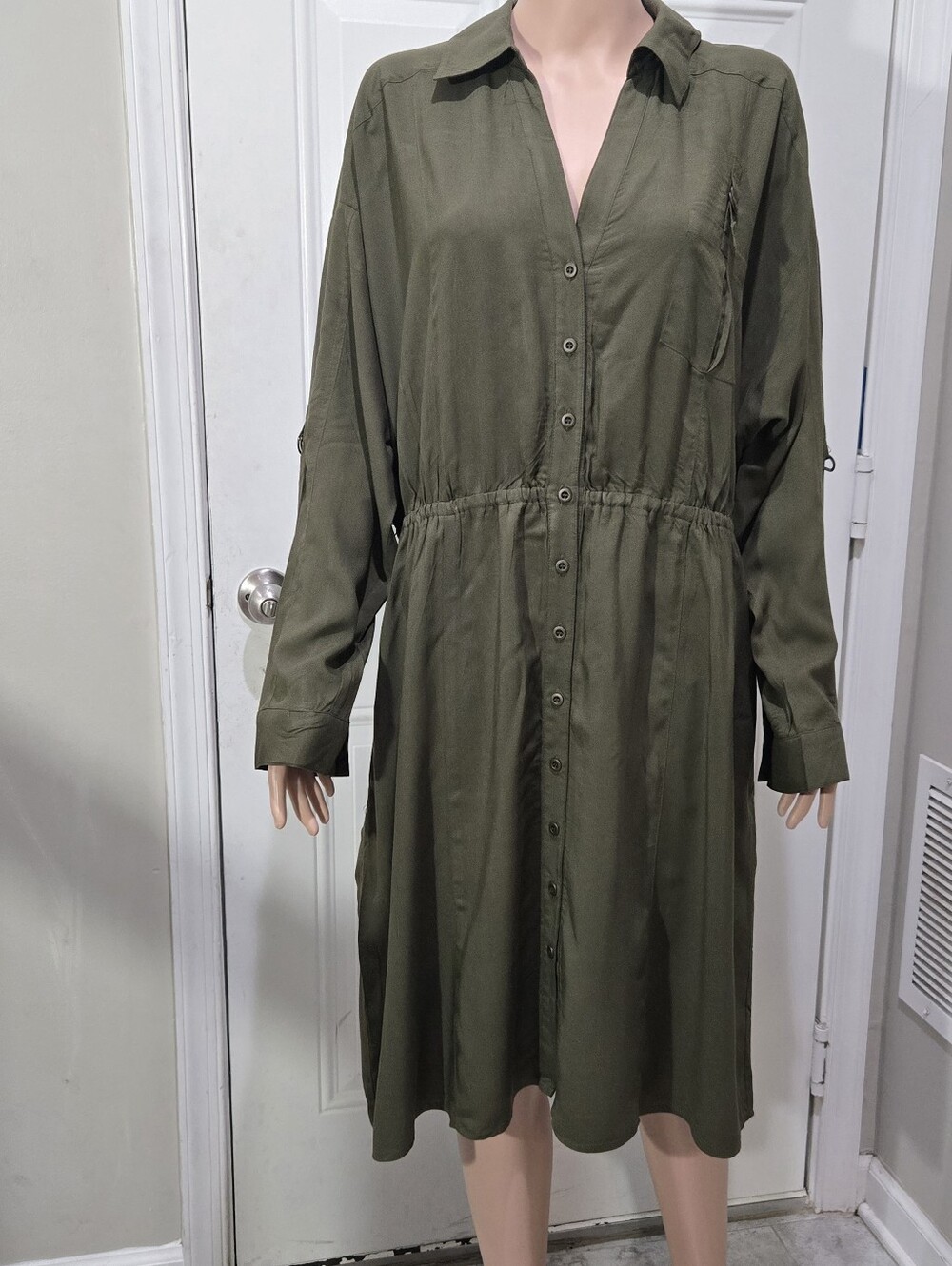 Lane Bryant Olive Green Button-Front Shirt Dress